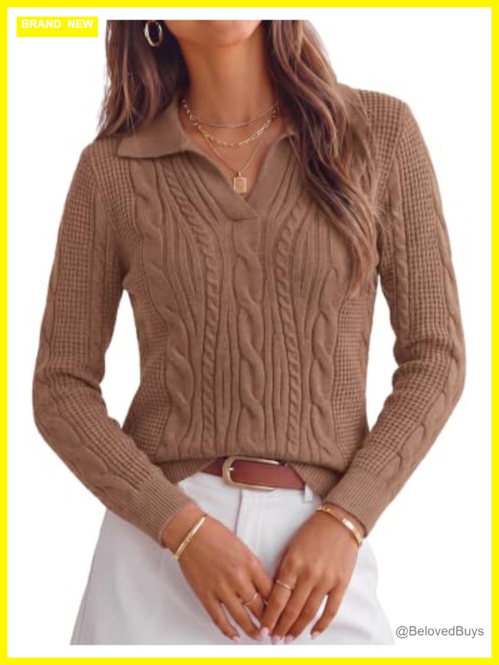 Cable Knit V-Neck Polo Pullover Sweater Long Sleeve Women's Fall Winter